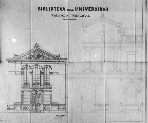 Plano, fachada principal, Biblioteca compartida del Instituto Nacional y la Universidad de Chile, V. de Villeneuve (1884).